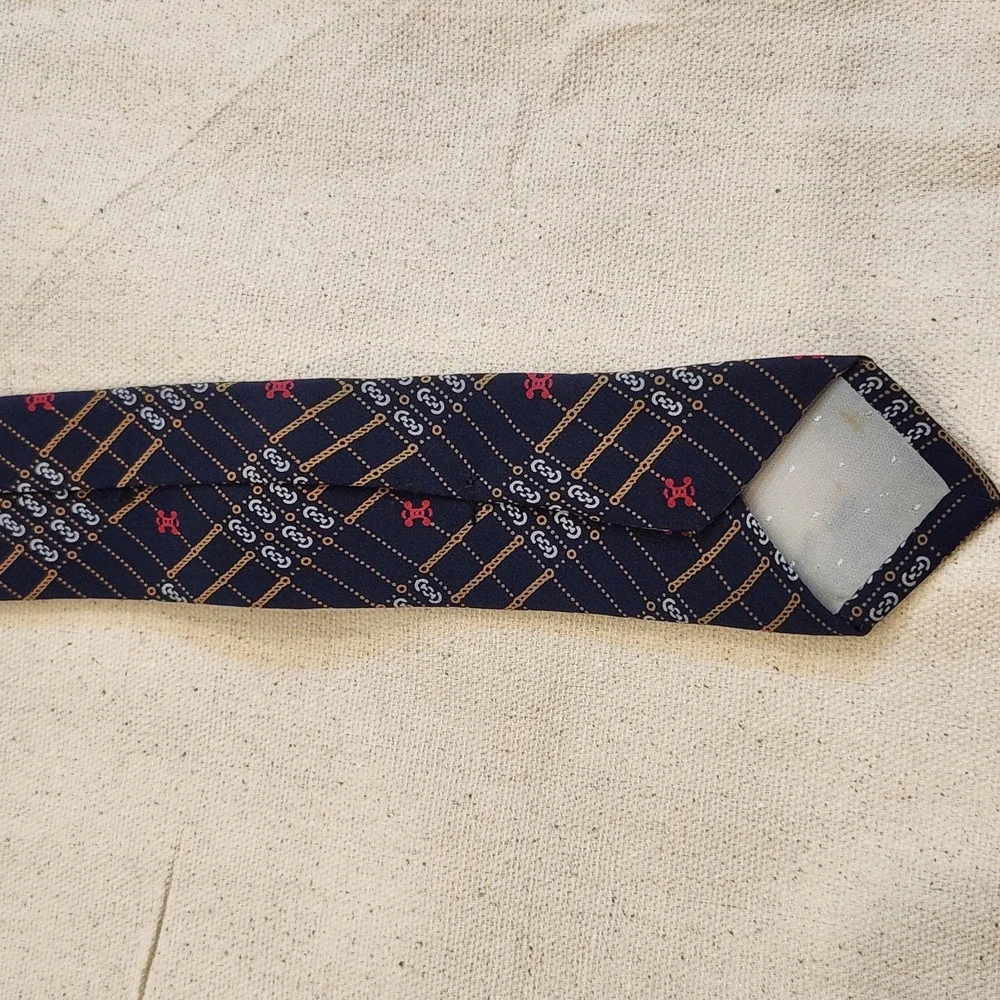 Vintage Celine Paris Silk Tie Navy Blue with Gold Chain & Sulky Horse Emblem